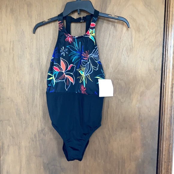 Relisted Ecobeach one piece high neck black w floral printed swimsuit S L XL - Picture 4 of 13